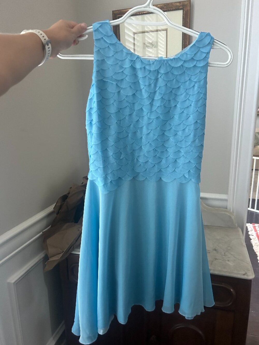Light blue formal dress with scalloped bodice